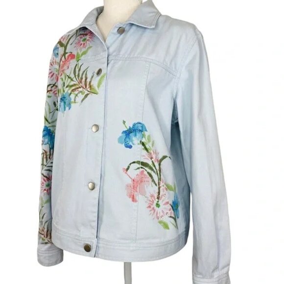 Nwt  Coldwater Creek Womens Jean Jacket Lightwash Floral Size Xl - Picture 3 of 11